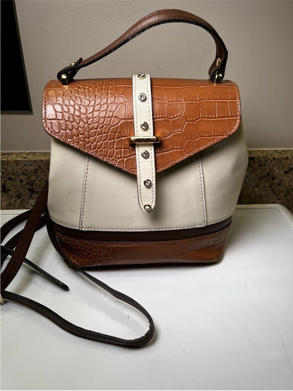House of Harlow 1960 Two-Tone Faux-Croc Backpack Shoulder Bag in Tan and Cream
